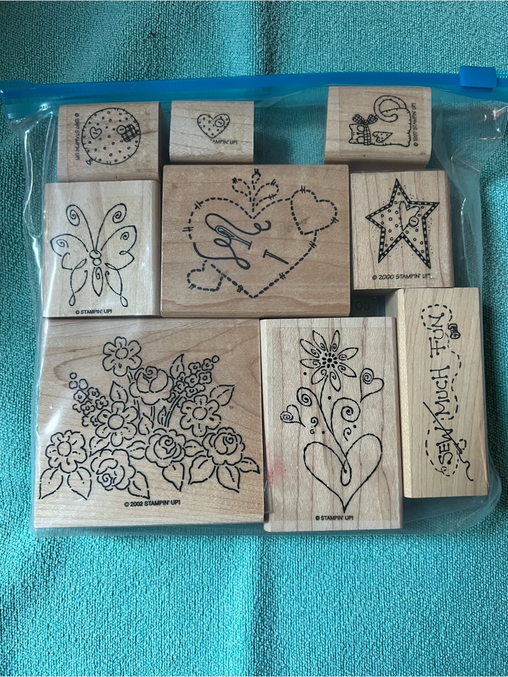 Set of 9 Stampin' Up! Wood Rubber Stamp Set - Black Line Floral, Hearts & Stars
